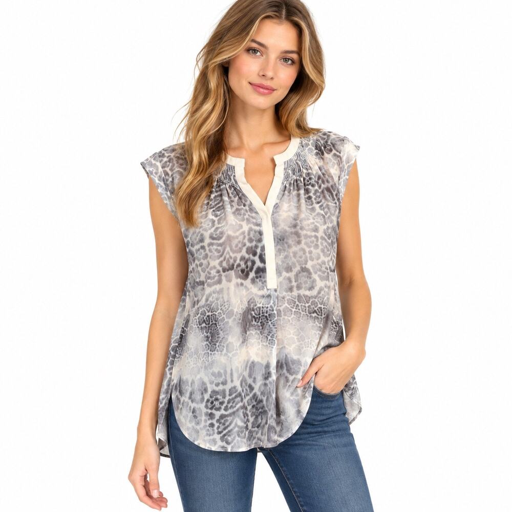 Rebecca Taylor Pure Silk Blouse Gray Cream Animal Print Split Neck Tunic Top